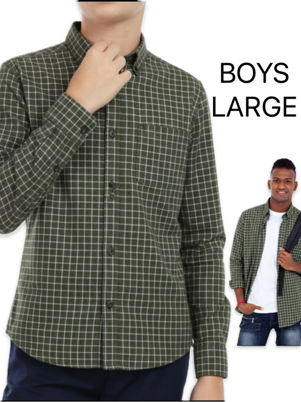 Bum Equipment Olive Green Windowpane Plaid Button Up Cotton Shirt Boys L NWOT